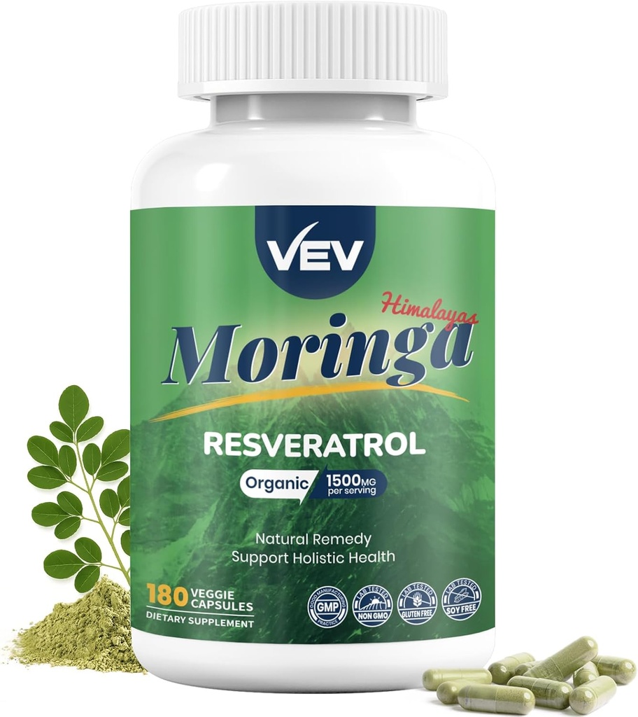 VEV Moringa Capsules – Turmeric & Resveratrol|Plant-Based Supplement for Immune Function Support|Skin Wellness & Daily Energy|180 Vegan Capsules