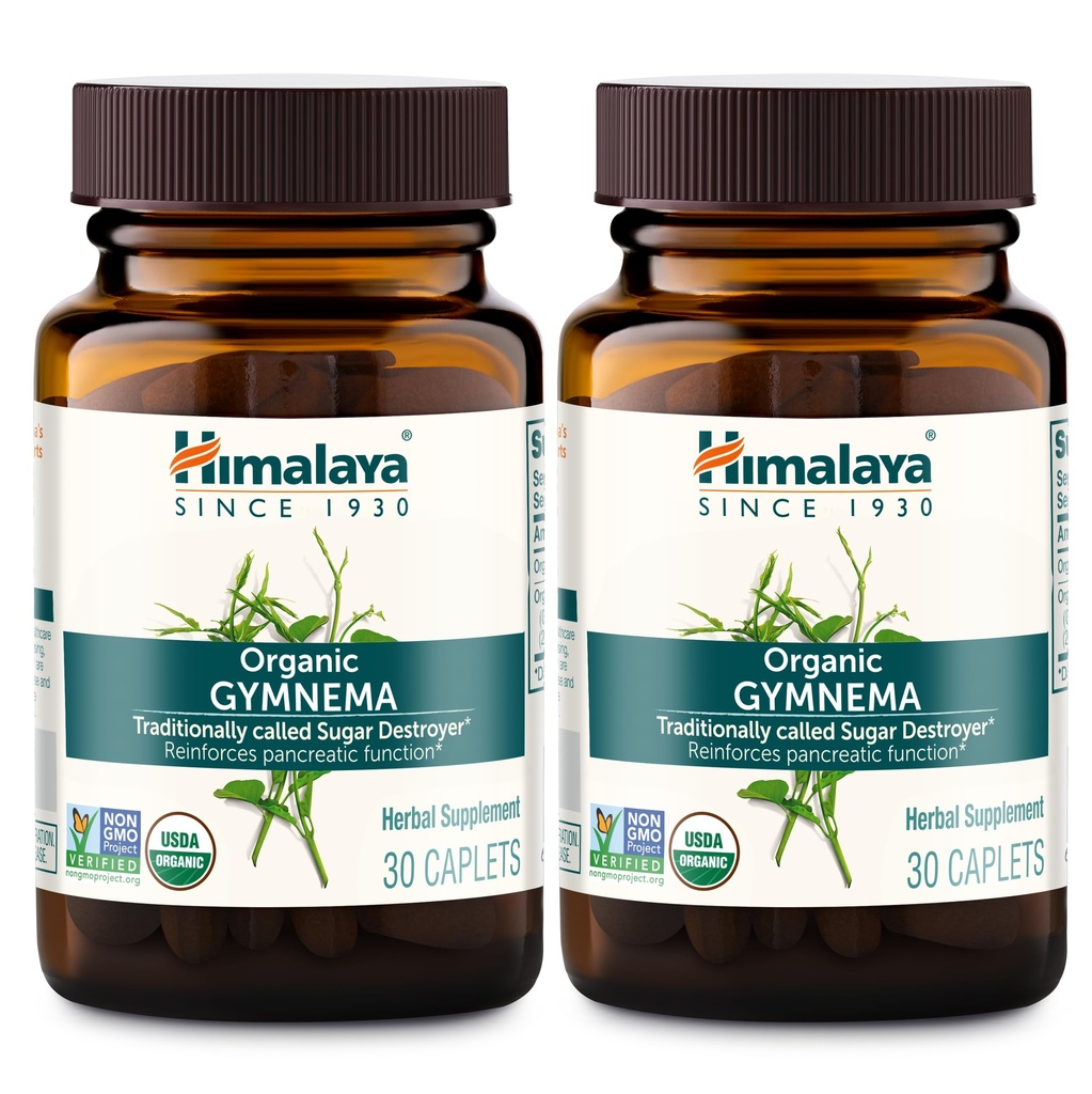 Himalaya Organik Gymnema Sylvestre – Herbal Glucose Metabolism Desteği - USDA Organik, Non-GMO, Vegan, Gluten Free, Supplement Free, 700 mg, 30 Caplets (Pack of 2)
