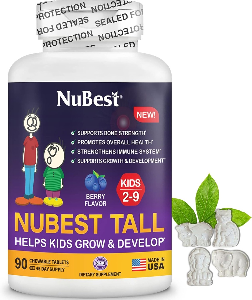 NuEn İyi Uzun Çocuklar - 2 ila 9 Yaş için Toddler ve Çocuklar Vitaminleri - Bone Strength, Genel Sağlık ve Immunity - Hayvan Şekilleri - 90 Chewable Berry Tabletler | 6 Hafta Supply Supply