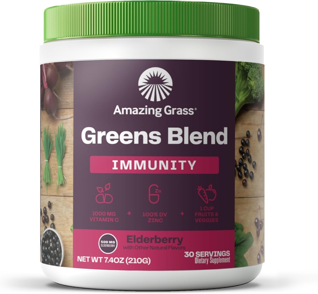 Amazing Grass Greens Blend Superfood for Immune Support: Super Greens Powder Smoothie Mix with Organic Spirulina, Chlorella, Beet Root Powder, Digestive Enzymes & Probiotics, Elderberry, 30 Servings