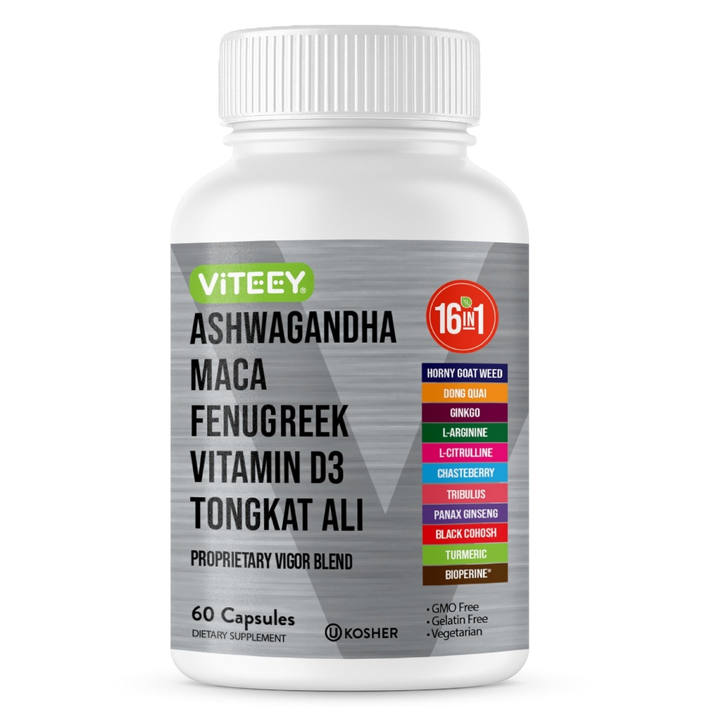 Viteey Ashwagandha Maca Fenugreek Supplement with Tongkat Ali – Drive, Passion & Energy Support for Men & Women – Mood, Calm & Stres Desteği - 60 Capsules
