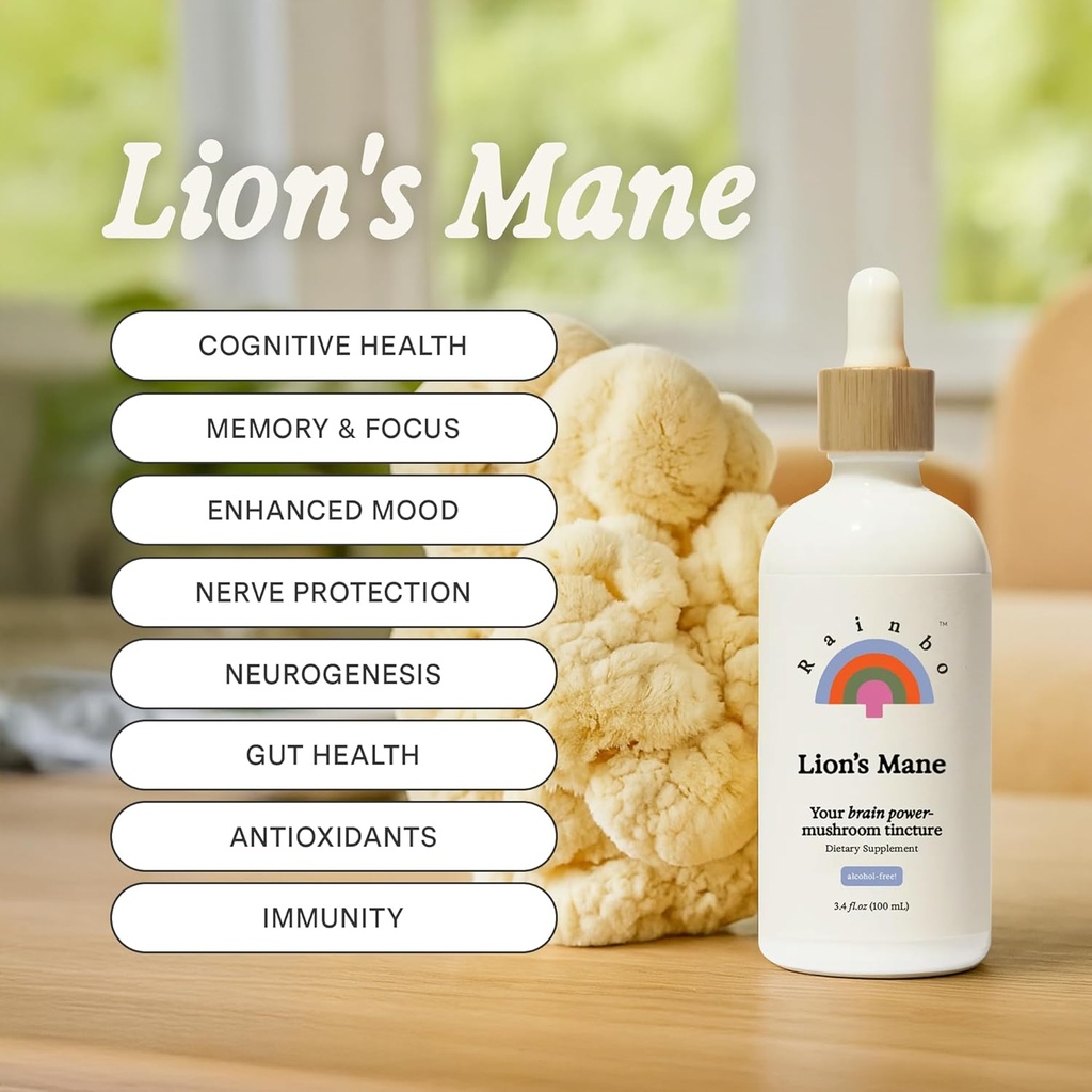 Rainbo - Lion's Mane Mushroom Tincture - Alkol Free - Dual Extract Mushroom Supplement - Beyin Desteği, Focus, Memory, Liquid Lion's Mane Supplement, Vegan, GMO, 3.4 fl oz