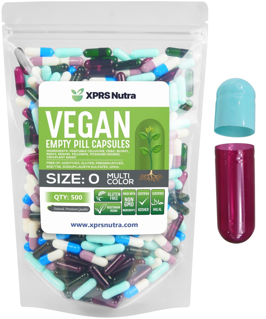 XPRS Nutra Boyutu 0 Boş Kapsüller - 100 Kont Boş Vegan Capsules - Vejetaryen Pills - DIY Sebze Kapsülü - Veggie Pill Caps for Do-It- Yourself Supplements (Multi Color)
