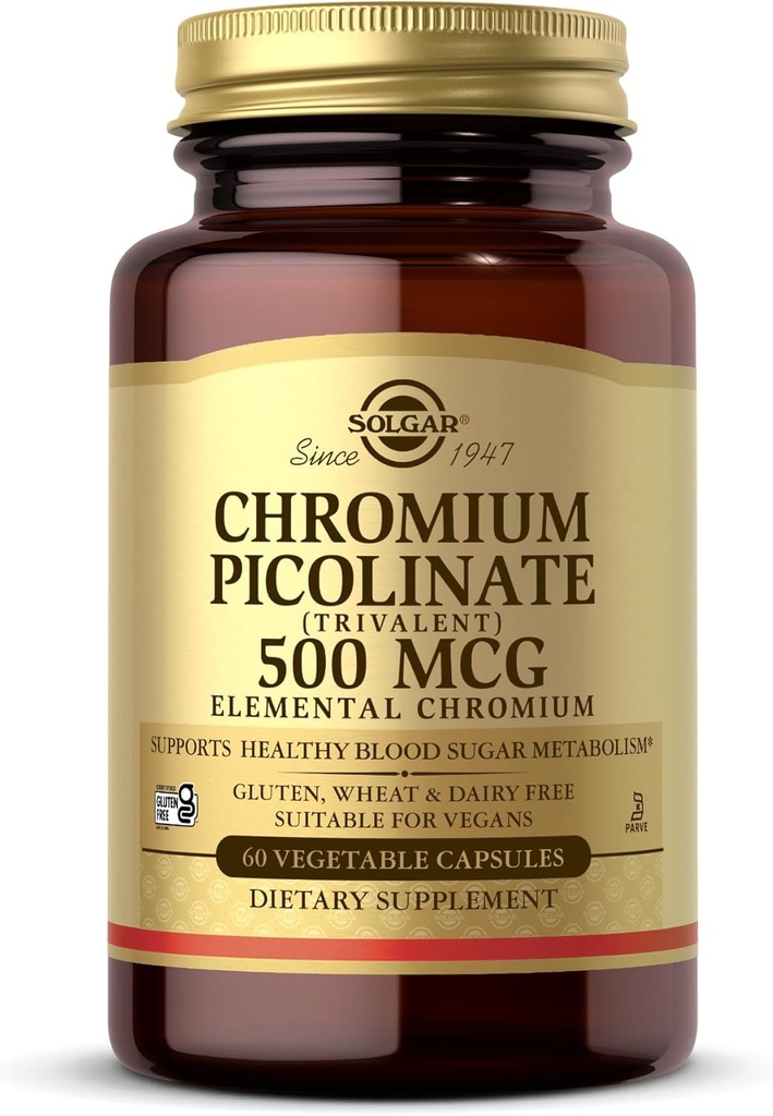 Solgar Chromium Picolinate 500 mcg - 60 κάψουλες λαχανικών - Υποστηρίζει τη ζάχαρη, το λίπος και τις πρωτεΐνες Μεταβολισμός - Μη ΓΤΟ, Χωρίς γλουτένη, Kosher - 30 Σερβίρει