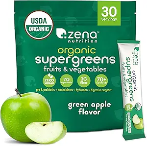 Zena Nutrition Organic Super Greens Powder, 70+ Superfoods, 0 Sugar, 3G Fiber, Spirulina, Chlorella, Antioxidants, Prebiotics/Probiotics, Digestive Enzymes, Green Apple, 30 Drink Mix Packets