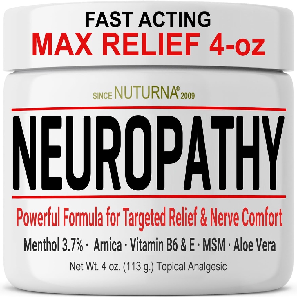 Neuropati Nerve Relief Cream - Foot Hands Legs Toes Back - Ultra Strength Menthol Arnica Aloe Vera MSM, Soothing Natural Nerve Comfort Relief, Paraben-Free 4 Oz