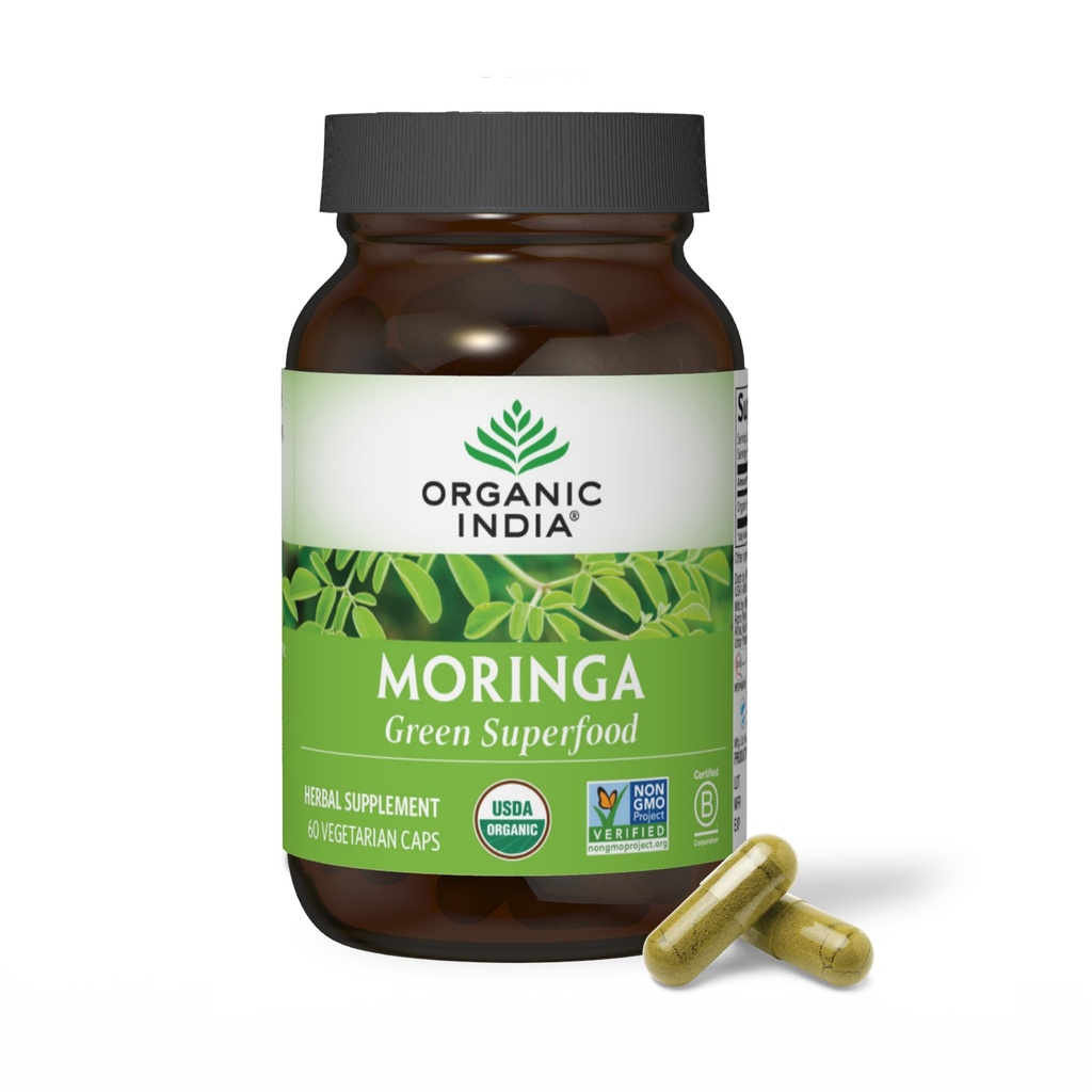 ORGANIC INDIA Moringa Capsules Organik - Moringa Supplement - Green Superfood, Moringa Leaf Capsules, Pure Supergreen, Vegan Greens, Nature's Multivitamin, Vegan, Gluten-Free - 60 Capsules