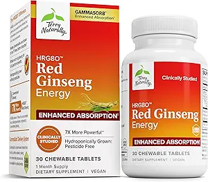 Terry Φυσικά HRG80 Red Ginseng Ενέργεια - Υποστήριξη Υγιεινή Ενέργεια & Εστίαση - συμπλήρωμα βοτάνων με κορεατική κόκκινη σκόνη ρίζας Ginseng - Vegan δισκία για να βοηθήσει υγιή αντοχή - 30 Μασώμενα δισκία