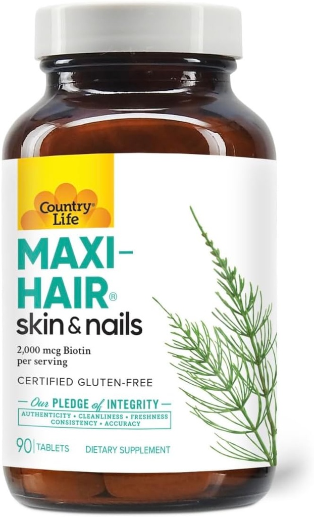 Country Life Maxi-Hair Supplement - 2000mcg Βιοτίνη & Βιταμίνες για τα μαλλιά, το δέρμα & τα νύχια - Certified Gluten-free & Vegetarian - Υποστηρίζει την ανάπτυξη των μαλλιών, 90 δισκία