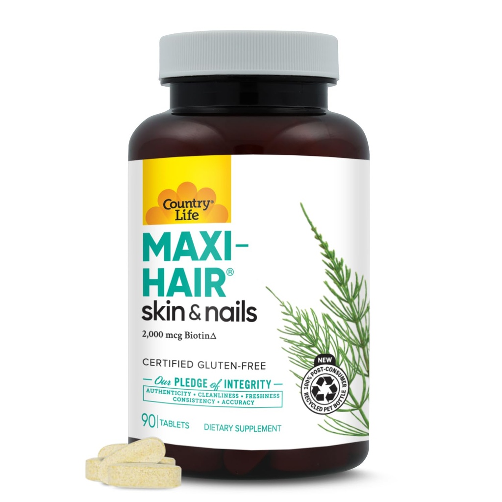 Country Life Maxi-Hair Supplement - 2000mcg Biotin & Vitamins for Hair, Skin & Nails - sertifikalı Gluten-Free & Vegetarian - Supports Hair growth, 90 Tablets