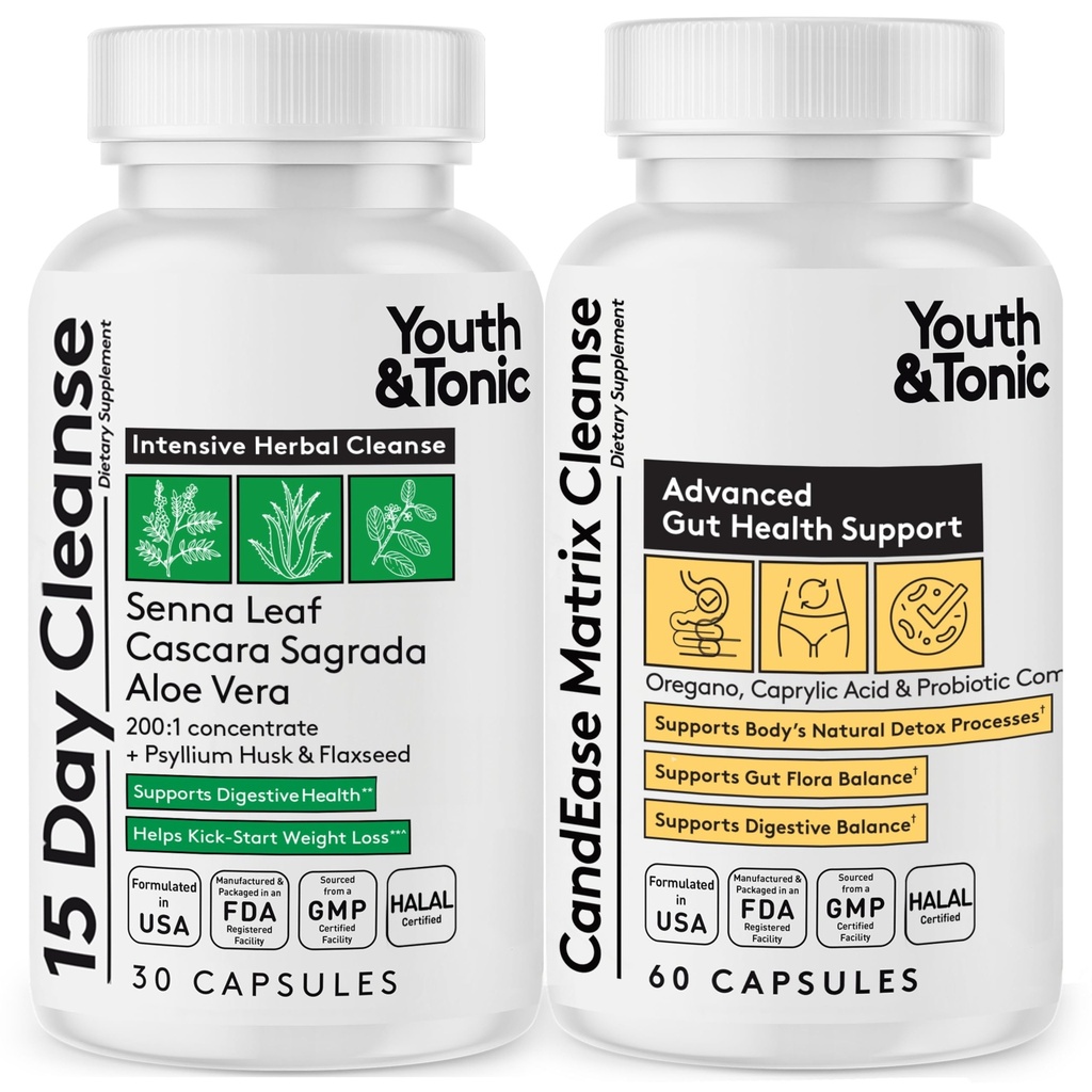 Youth & Tonic Colon Cleanse ve CandEase Matrix Pills | Body Detox Gut Health & Intestinal Flora Restoring Normal Asitity Level