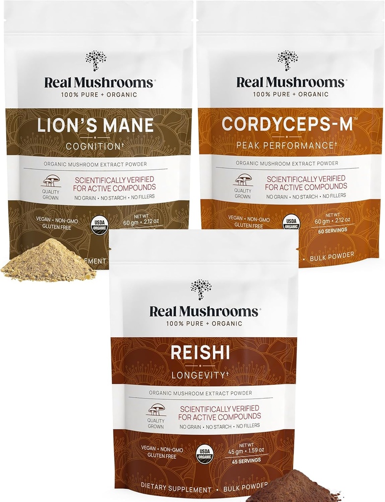 Real Mushrooms Peak Performansı - Lion's Mane + Reishi + Cordyceps-M Vitality için Organik Mushroom Tozlar, Immunity & Longevity