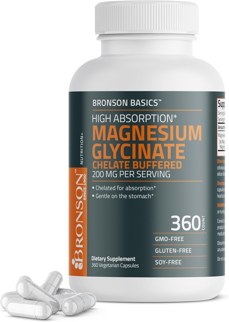 Bronson Glycinate 200 mg Yüksek Abvitamin Chelated Buffered Gentle On The Stomach Non-GMO, 360 Vegetarian Capsules