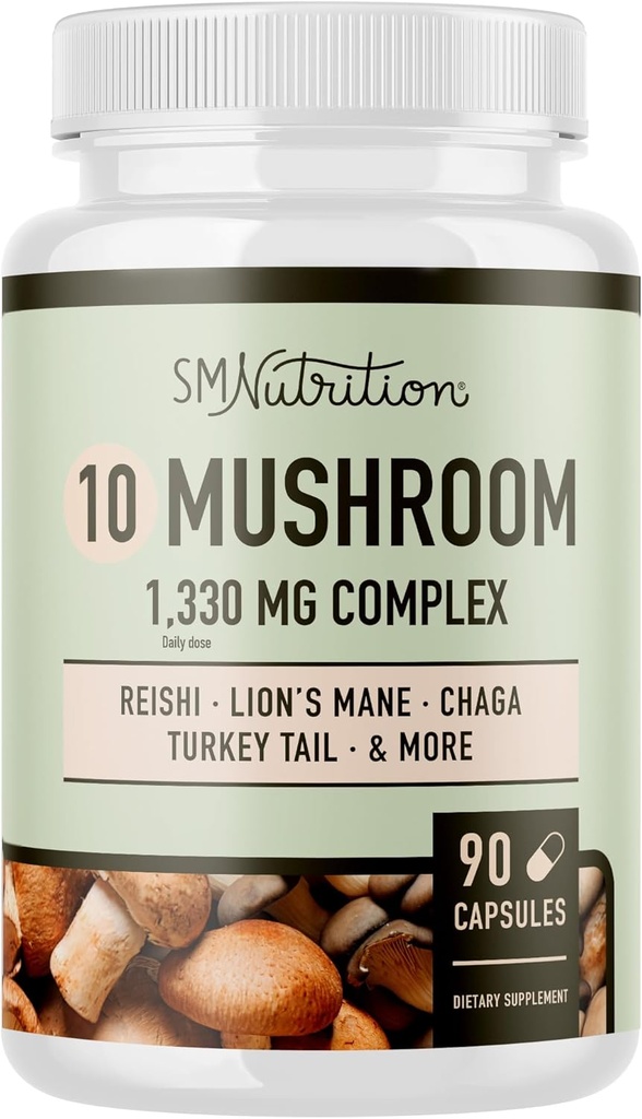 10 Mushroom Kompleksi | 1300+ MG Meeting with Lions Mane, Türkiye Tail, Cordyceps, Reishi, Shiitake, Maitake, Chaga & White Düğme Mushroom | Immune & Adaptogen Support | 90 C