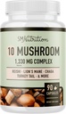 10 Mushroom Kompleksi | 1300+ MG Meeting with Lions Mane, Türkiye Tail, Cordyceps, Reishi, Shiitake, Maitake, Chaga & White Düğme Mushroom | Immune & Adaptogen Support | 90 C