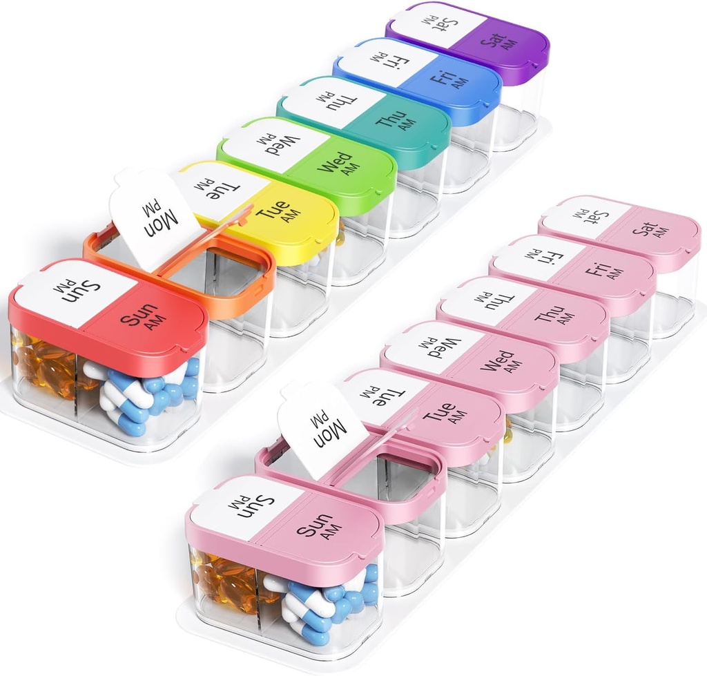 Odaro Ekstra Büyük Haftalık Pill Organizer, XL Pill Box 7 Gün AM PM, Jumbo Medicine Organizer 2 Zaman Günlük Tıp, Vitaminler ve Supplements, Rainbow & Pink / White (Set of Two)