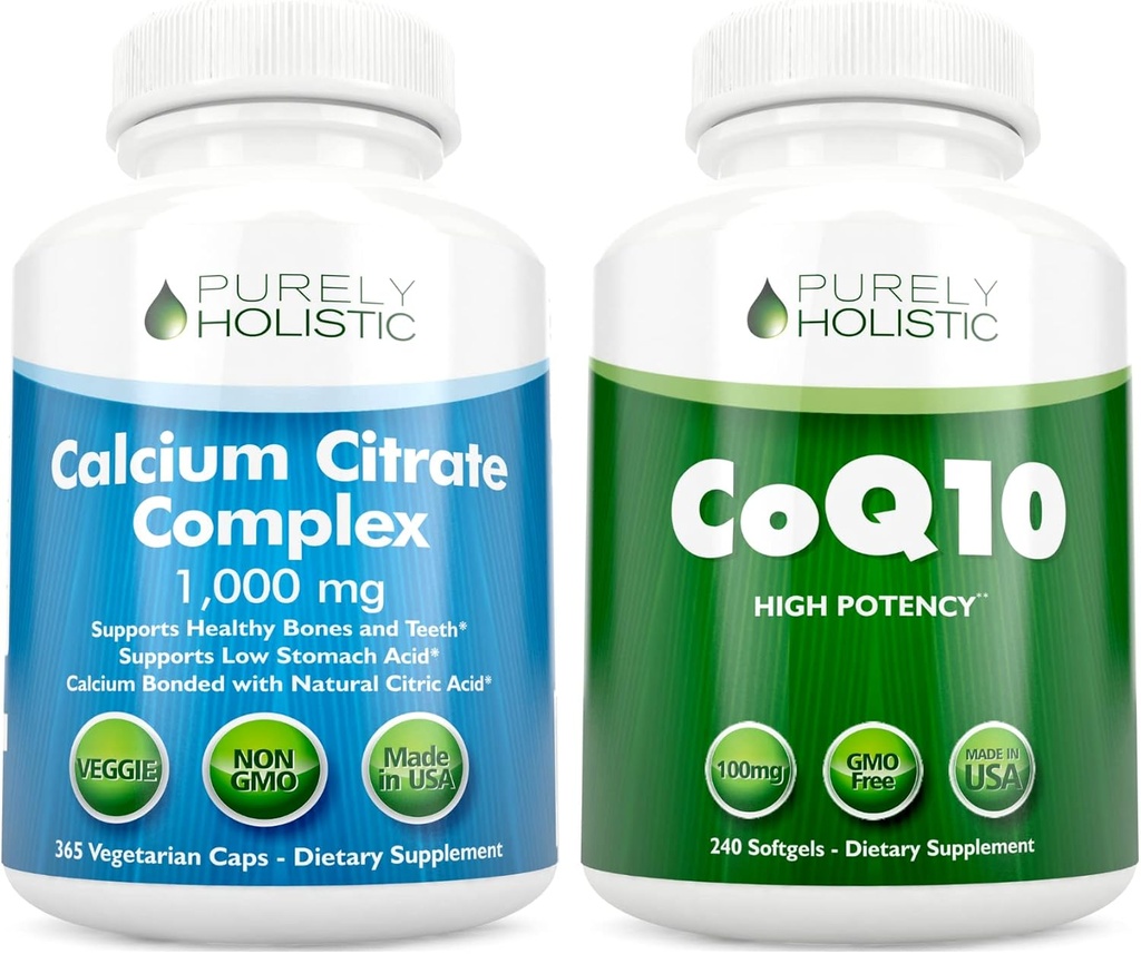 Συγκρότημα κιτρικού ασβεστίου 1000mg + CoQ10 100mg - 365 Κάψουλες Vegan + 240 Softgels Bundle - Χωρίς Βιταμίνη D - Made in USA