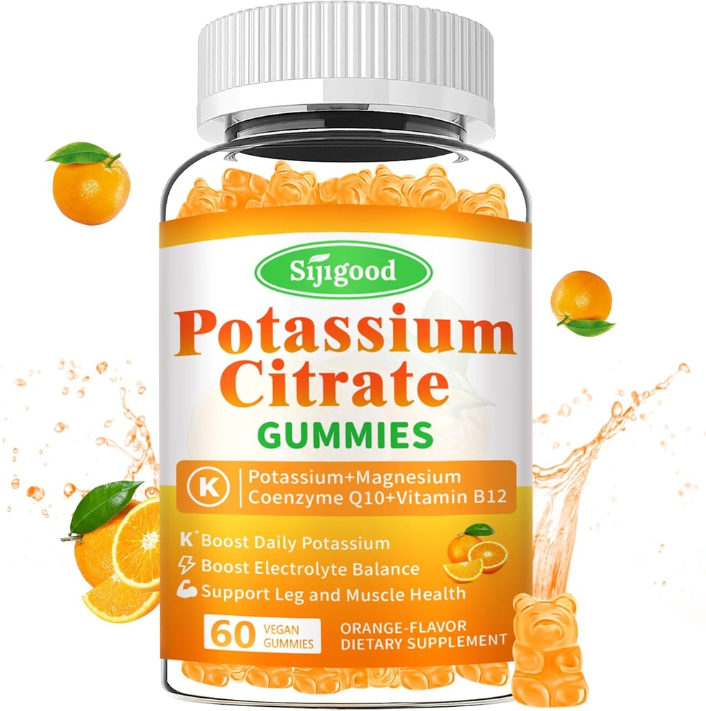 Potasyum Gummies - Kas Sağlığı için Yüksek Potency P Properties Supplement, Leg Cramp Relief, Electrolyte Balance – Vegan, Non-GMO, Gluten-Free, Orange Flavor, 60 Count