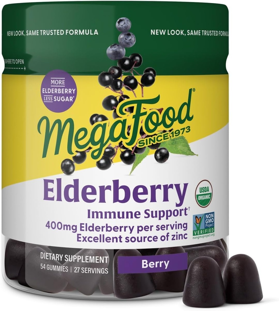 Megafood Elderberry Immune Support Supplement - Vegan Elderberry Gummies for Yetişkinler - çinko ve Real Food - Pectin-Based, Gluten-Free, USDA Organic - 54 Gummies, 27 Hizmetler