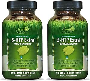 Irwin Naturals Double Potency 5-HTP Ekstra - 60 Sıvı Soft-Gels, 2 Paket - Rahatlama ve Serotonin Üretimi - 60 Toplam Hizmetler