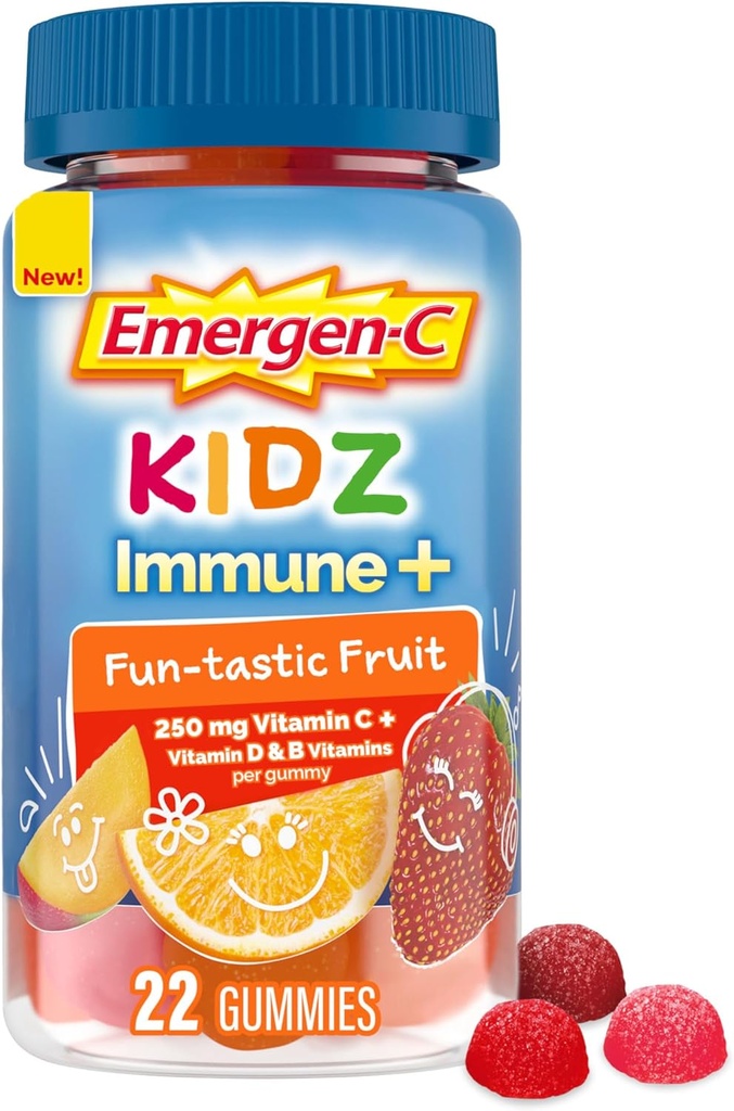 Emergen-C Kids Immune+ Immune Support Διαιτητικά Συμπληρώματα, Γευστικά Gummies με Βιταμίνη C, Β Βιταμίνες και Βιταμίνη D για Ανοσολογική Υποστήριξη, Fun-Tastic Fruit Flavored Gummies - 22 Count