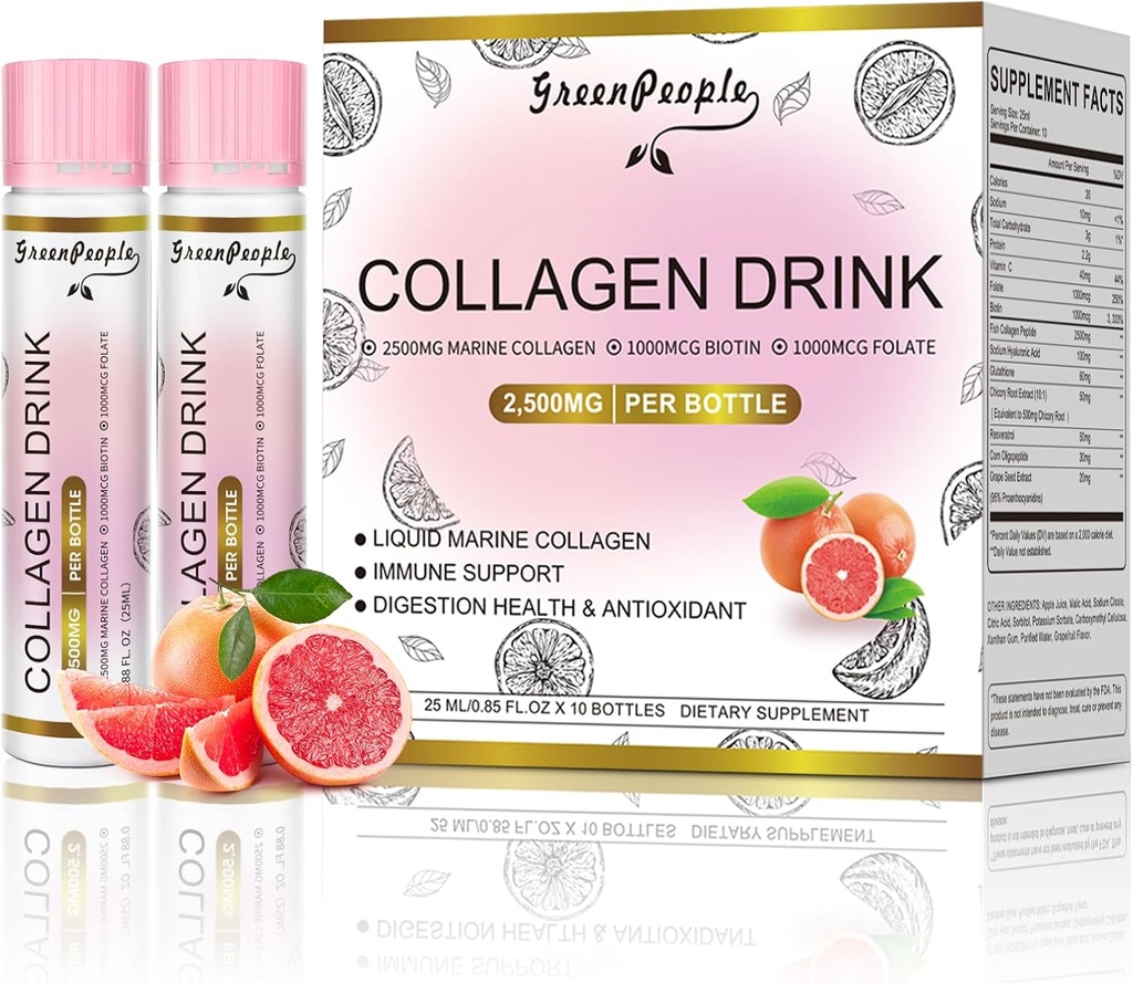 Kadınlar ve Erkekler için Sörek Kolajı, 2500 mg Balık Collagen, + Hyaluronik Asit + Vitamin Bs & C, Saç Skin Nails Ortakları Bones Support (0.85 fl oz, 10 Şişe, Grapetre)