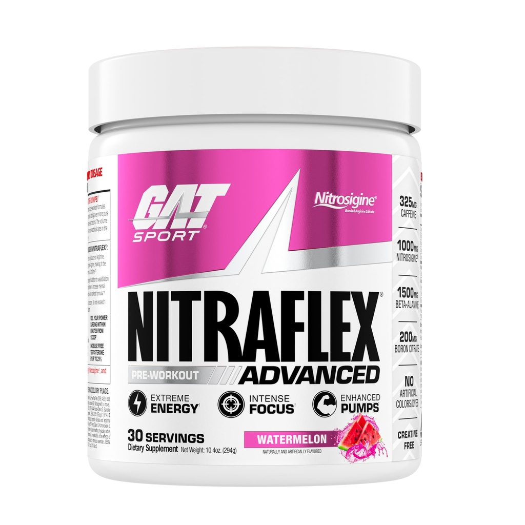 GAT SPORT Nitraflex Advanced Pre-Wortout Powder, Αυξάνει τη ροή του αίματος, Ενισχύει τη δύναμη και την ενέργεια, Βελτιώνει την απόδοση άσκησης, Creatine-free (Watermelon, 30 εξυπηρετούν)