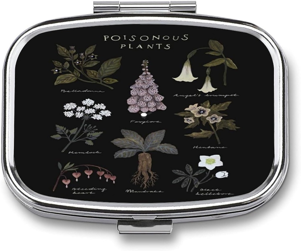 Μεταλλικό 2 Διαμέρισμα χάπια Organizer Ταξίδι φιλικό φορητό συμπαγές κουτί χάπια χαριτωμένο θήκη χάπι για να κρατήσει βιταμίνες, λάδι ψαριών, συμπληρώματα, Meds, Tablet για το πορτοφόλι, Pocket. (Δηλητήρια φυτά)