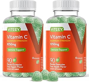 Yetişkinler için Viteey Chewable Vitamin C Gummies - 1050 mg En Güçlü Immune Support Supplement - Vegan, Gluten Free - 180 Count Count