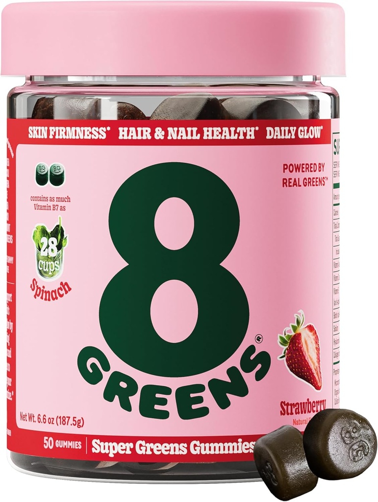 8Greens Supergreens Beauty Gummies with Collagen & Biotin | Super Greens Toz Superfood Gummy for Health Skin, Hair, Nails, Glow, and Companyness, Superfood ATM, Strawberry Flavored, 50 Count