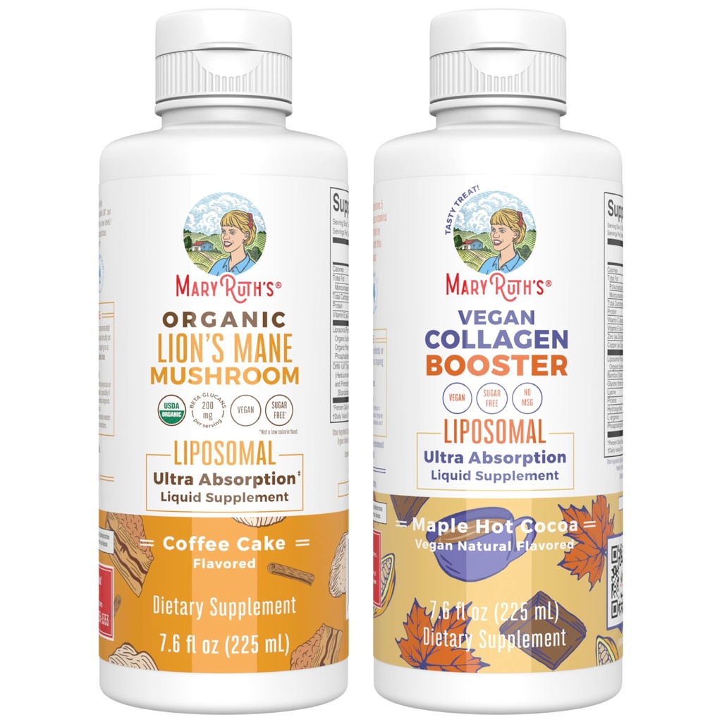 MaryRuth Organics Lion's Mane Liposomal (Coffee Kek) & Collagen ATM Liposomal (Maple Hot Cocoa) Clean Label Project  Valid® Vitamins for Cognitive Support, Beauty & Joint Health, Vegan, Non-GMO