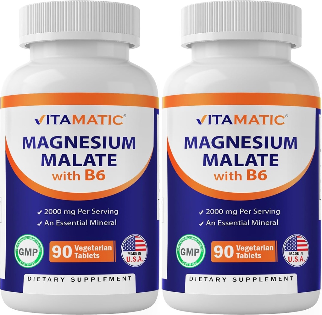 Vitamatic Magnezyum Malate 2000 mg per Service - 90 Vejetaryen Tabletler - Maksimum Aborpsiyon için B6 eklendi - Destekler Kas, Ortak ve Kalp Sağlığı* (2 Şişeler, Unflavored)