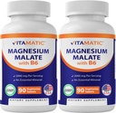 Vitamatic Magnezyum Malate 2000 mg per Service - 90 Vejetaryen Tabletler - Maksimum Aborpsiyon için B6 eklendi - Destekler Kas, Ortak ve Kalp Sağlığı* (2 Şişeler, Unflavored)