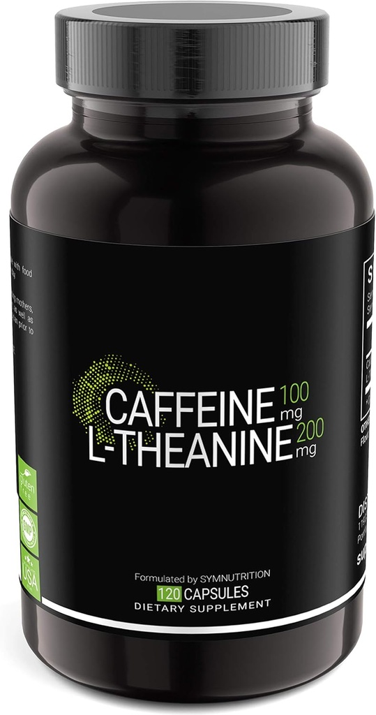 SYMNUTRITION Caffeine 100 mg, L-Theanine 200 mg - 120 Kont (V-Capsules) / 120 Hizmet: ABD'de bir cGMP-Registered Tesiste Üretildi; Vegan & Gluten Free