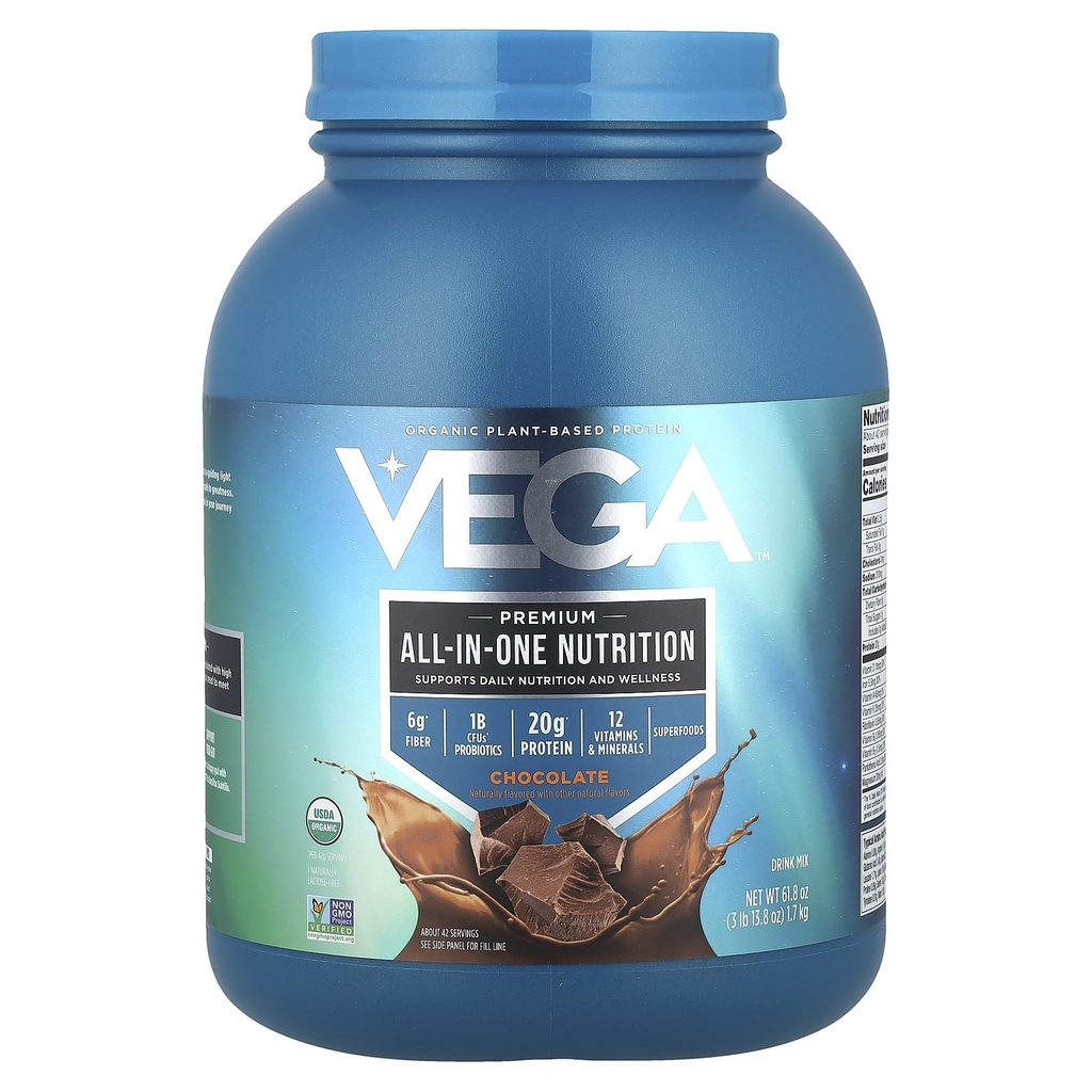 Vega All in One Nutrition Organic - 20g Plant-Based Pea protein, Chocolate, 42 Hizmet, Vitaminler A & C, Probiyotikler, Greens, Vegan, Keto, Gluten Free, 61.8oz (Pazarlama May Vary)