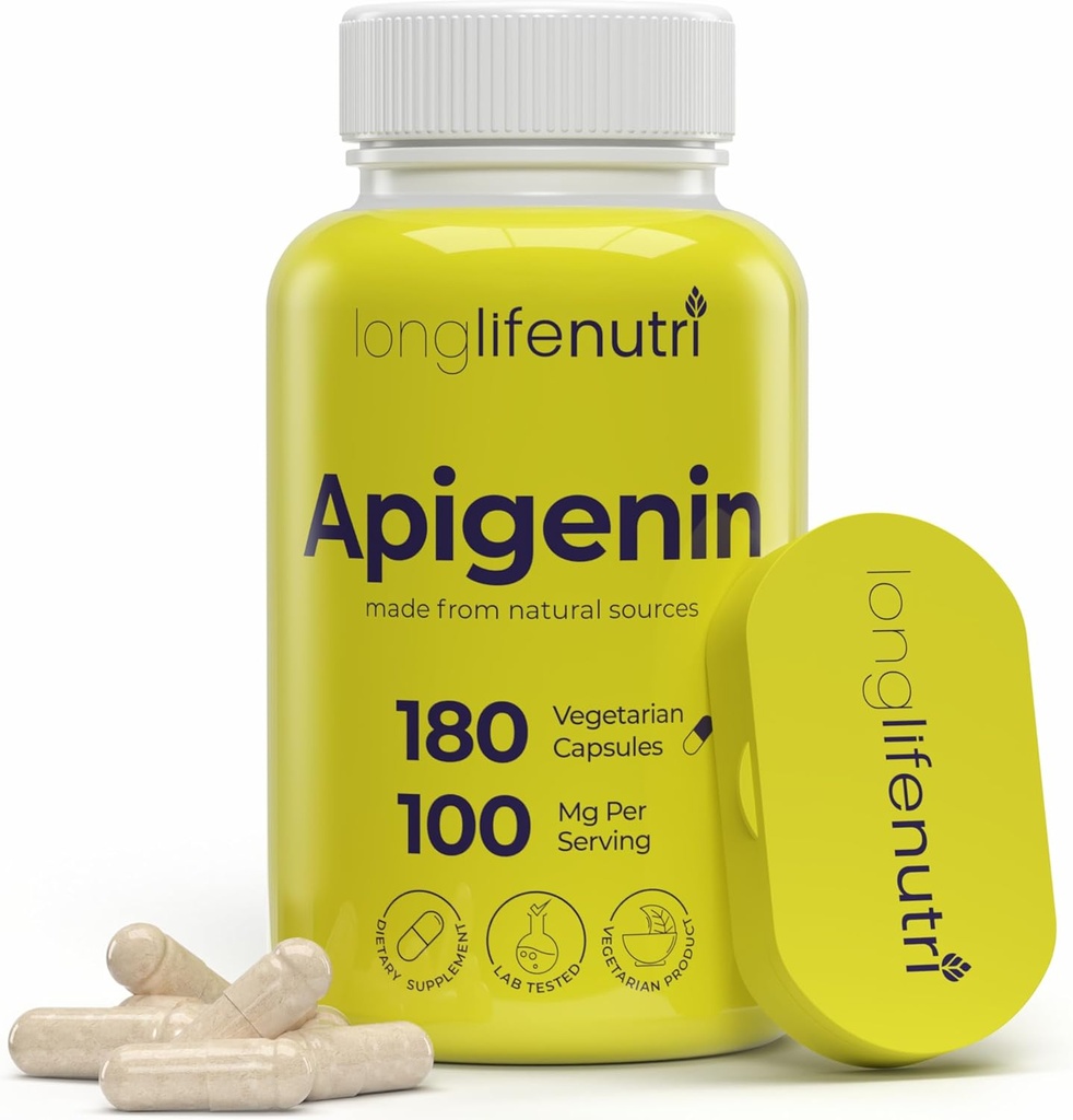 LongLifeNutri Apigenin 100mg – Φυσικό Bioflavonoid από εκχύλισμα χαμομηλιού, 180 κάψουλες χορτοφάγων, συμπλήρωμα για ύπνο, διάθεση, & χαλάρωση, 6-μηνιαία προμήθεια, GMP πιστοποιημένη, Made in USA