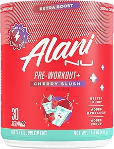 Alani Nu Pre Workout+ Toz Cherry Slush, Ekstra Boost, Sugar Free, 300 mg Caffeine, L-Theanine, Beta-Alanine, Citrulline, 30 Hizmet