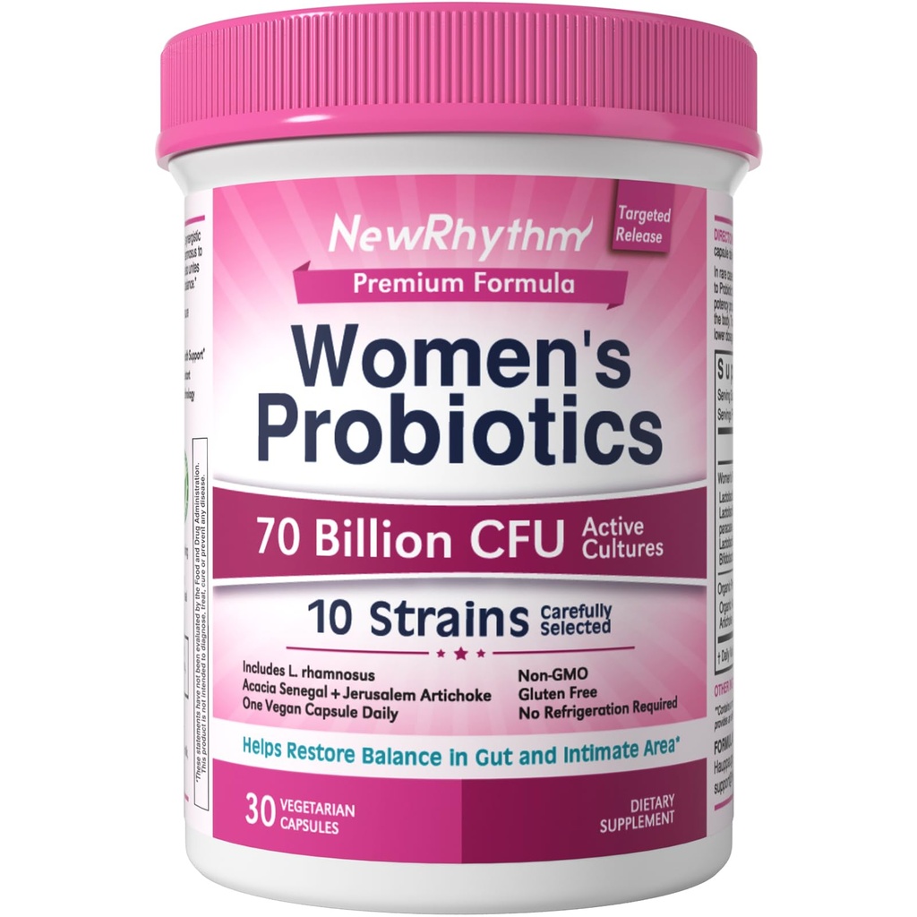 YeniRhythm Women's Probiyotiks, Organik Prebiyotikler, 70 Milyar CFU 10 Strains, Urinary & Digestive Health, 30 Vegan Capsules, No Bloating