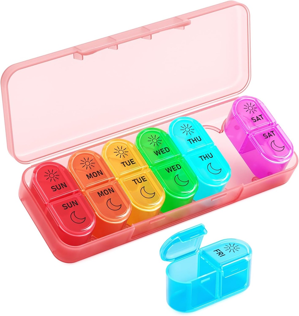 Betife Weekly Pill Organizer 2 Times a Day, 7 Day Pill Box AM PM, Portable Travel Pill Case, Daily Pill Container Day and Night, Medicine Organizer for Drug, Vitamin or Supplement(Pink)