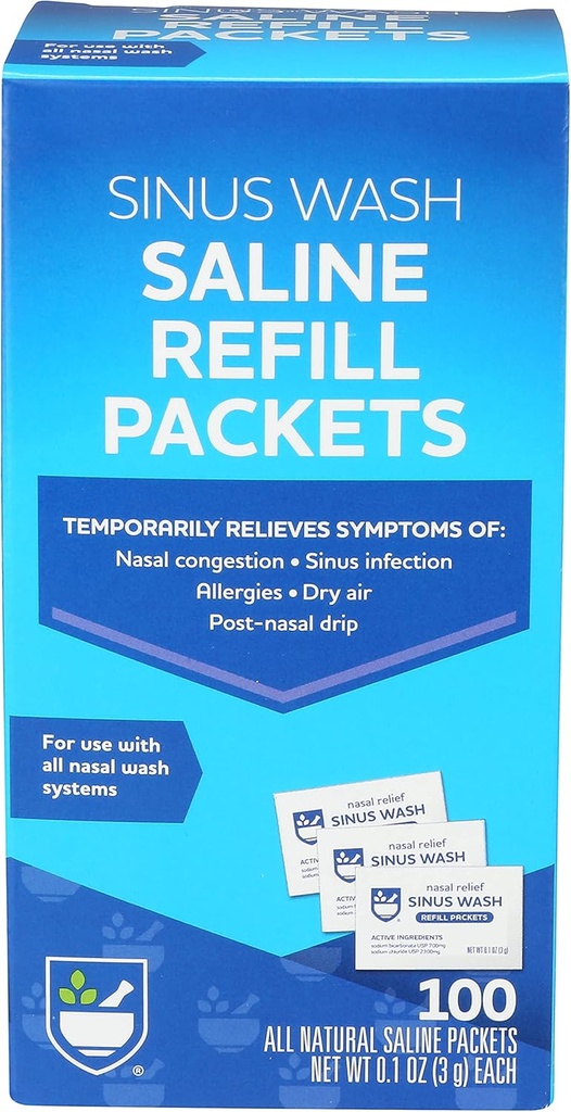 Rite Aid Sinus Refill Kit'i yıkadı, Bireysel olarak Saline Packets - 100 Count | Nasal/Allergy Relief Saline Solution for Neti Pots | Nasal Rinse