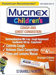 Mucinex Παιδική Θωρακική Συμφορητική Προσδοκώμενη και Βήχας Καταπιεστικό Mini-Melts, Πορτοκαλί Κρέμα, 12 Count (Packaging May Vary)