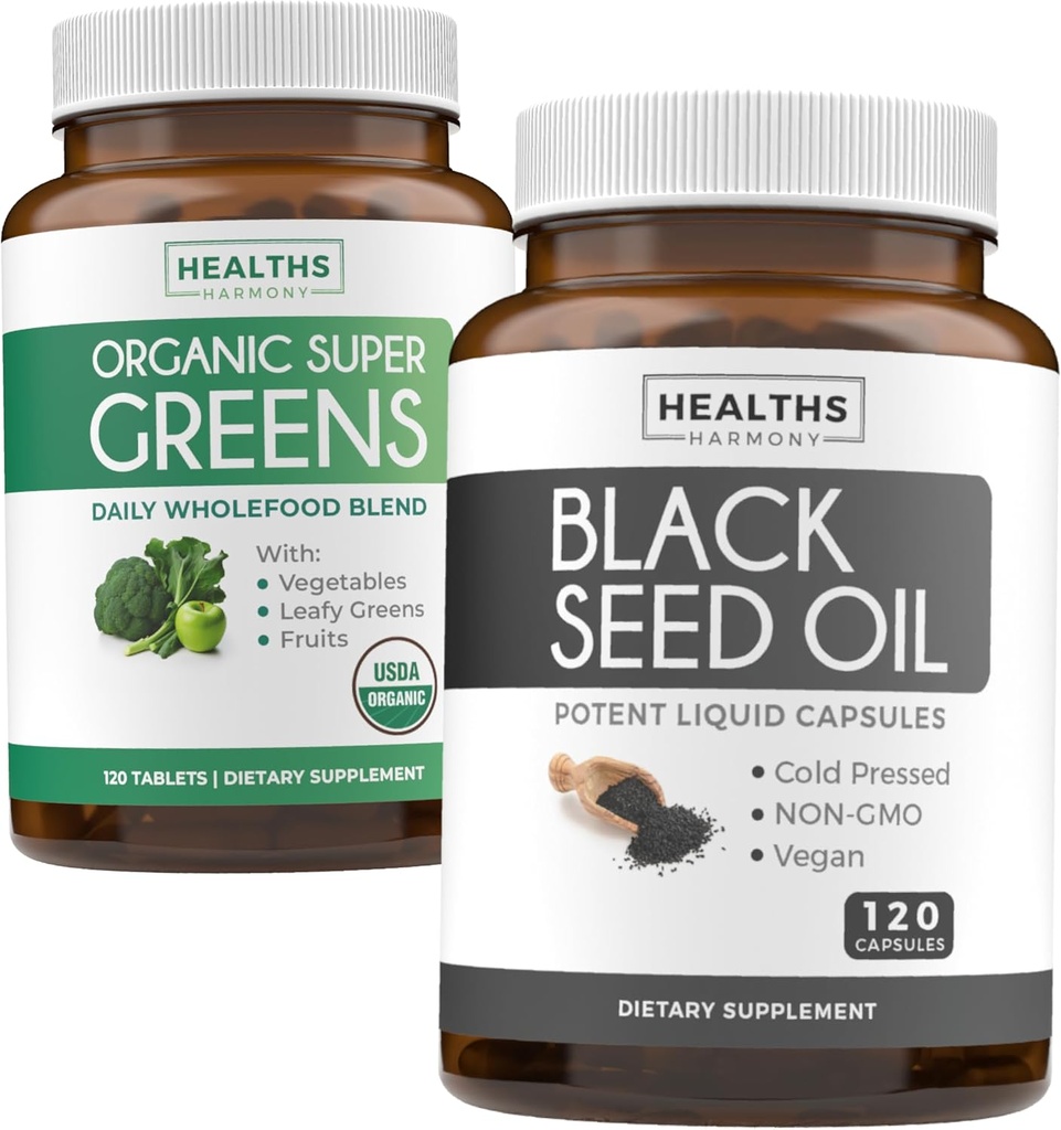 Super Greens & Black Seed (2-Month Supply) Greens Oil Synergy Sche of Organic Super Greens Toz - Tamam Superfood (120 Capsules) & Black Seed Oil - Cold-Pressed Nigeilla Sativa (120 Caps)