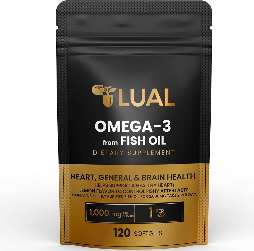 LUAL Omega-3 Fish Oil Softgels – EPA ve DHA ile 1000 mg, Lemon Flavor, Burpless, Non-GMO Formula for Heart, Brain, and General Wellness – 120 Count Count Count Count
