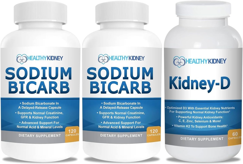 sodyum Bikarbonat, asit Relief için 650 mg Capsules, alkalinity 120 Pills 2Pack + Kidney-D Kidney Supplement. D Kidney Desteği için Vitamind.