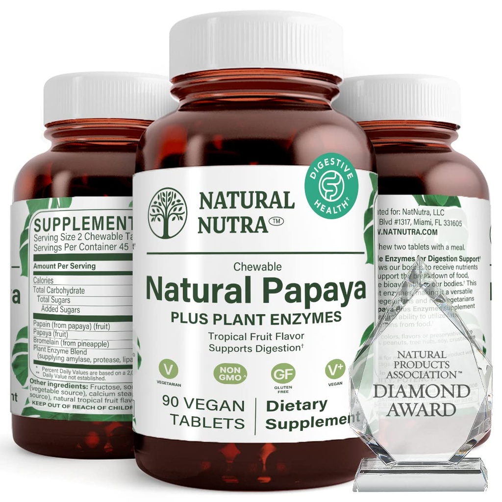 Doğal Nutra Papaya Çewable Enzymes for Digestion and Body Cleanse - Supports Digestive Health, Ease Gastrointestinal Discomfort - Nutrient Abpsiyon ve Bloating - 90 Vegan Tabletler