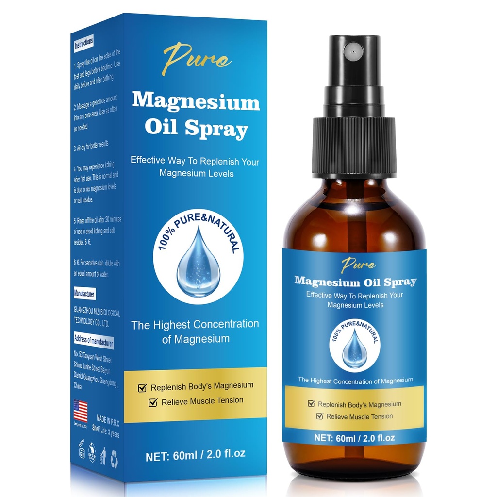 Pure Magnezyum Oil Spray,Magnesium Spray,Magnesium Oil for Feet, Glass Şişe,2 fl oz / sorb Kolay ve Absorb'a Kullanımı