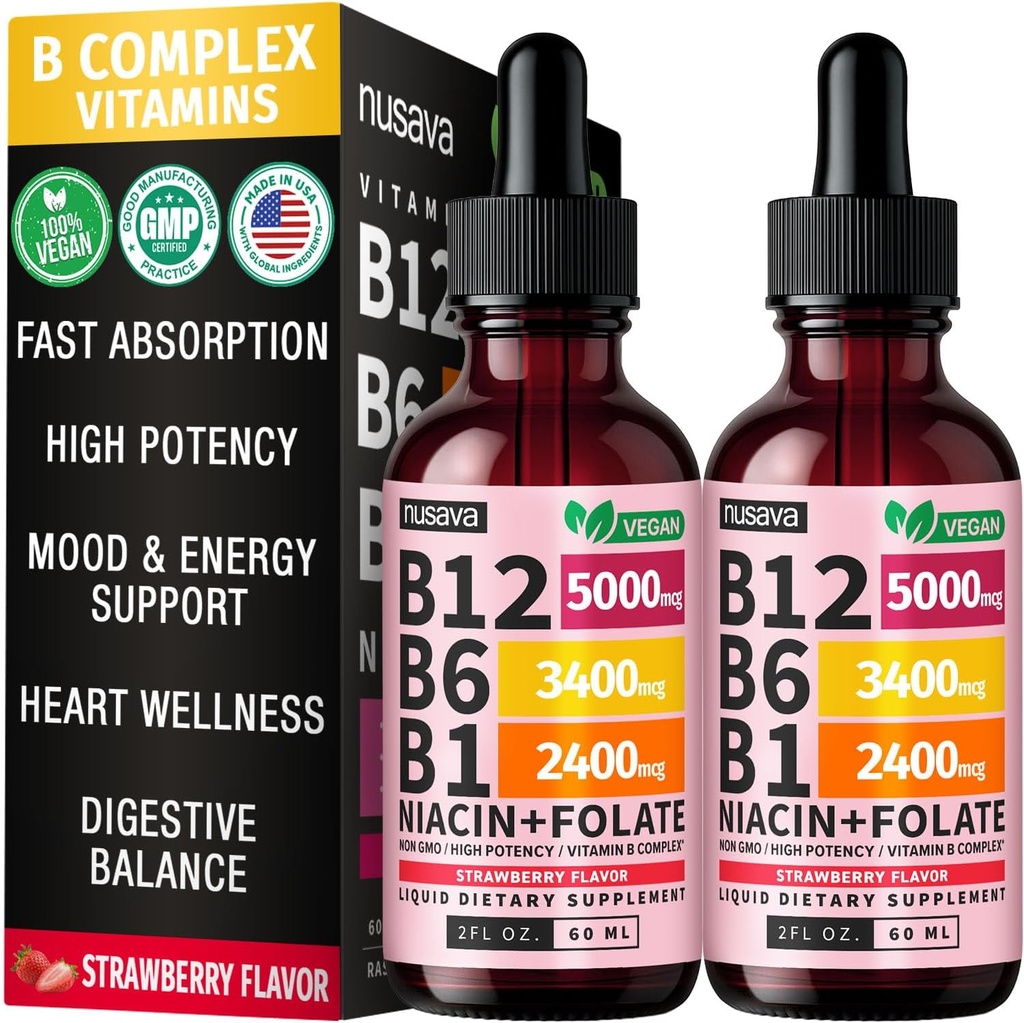 (2 Pack) Vitamin B12 ve B6 Sıvı Durağı, B12 Sublingual Vitamin B Kompleksi - B 12 5000 Cebrail - B12 Mekobalamin for Energy, Brain, and Heart Support with 27,200 mcg, Strawberry, 80 Servisler