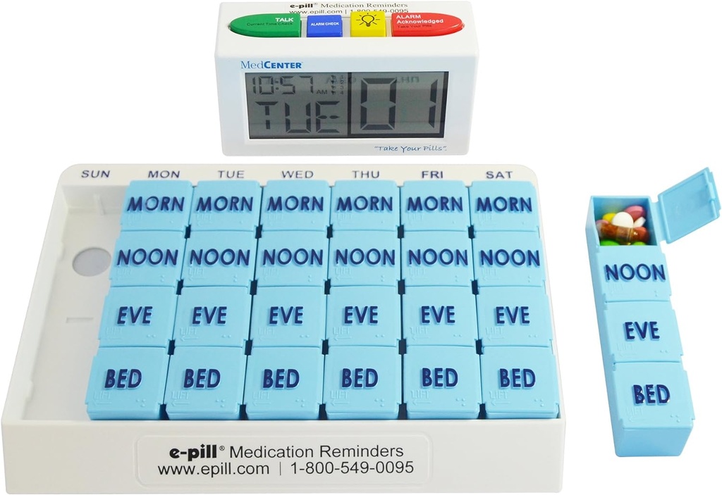 e-Pill 4 Times a Day x 7 Day Weekly Large Pill Organizer, Vitamin ve Tıp Pillbox - 4 Alarm Konuşma Hatırlatıcı