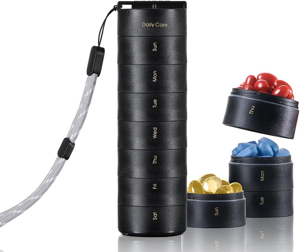 Ankomn Travel Vitamin Organizer – Stackable Daily Organizer with Secure Twist Lid, Airtight & Lightweight for On-The-Go. Durable BPA-Free Material, Great for Pills, Supplements & Vitamins (Black)