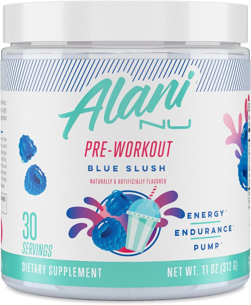 Alani Nu Pre προπόνηση σκόνη μπλε Slush, Amino Energy Boost, συμπλήρωμα αντοχής, χωρίς ζάχαρη, 200mg καφεΐνη, L-Θεανίνη, Beta-Alanine, L-Citrulline, 30 εξυπηρετούν